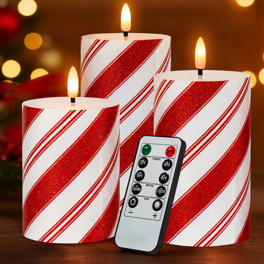 Lumeavetra Christmas Glitter Red Stripes LED Flameless Candles, Battery Operated Real Wax Pillar Candles with Remote and Timer for Holiday Table Centerpieces Home Decorations, Set of 3