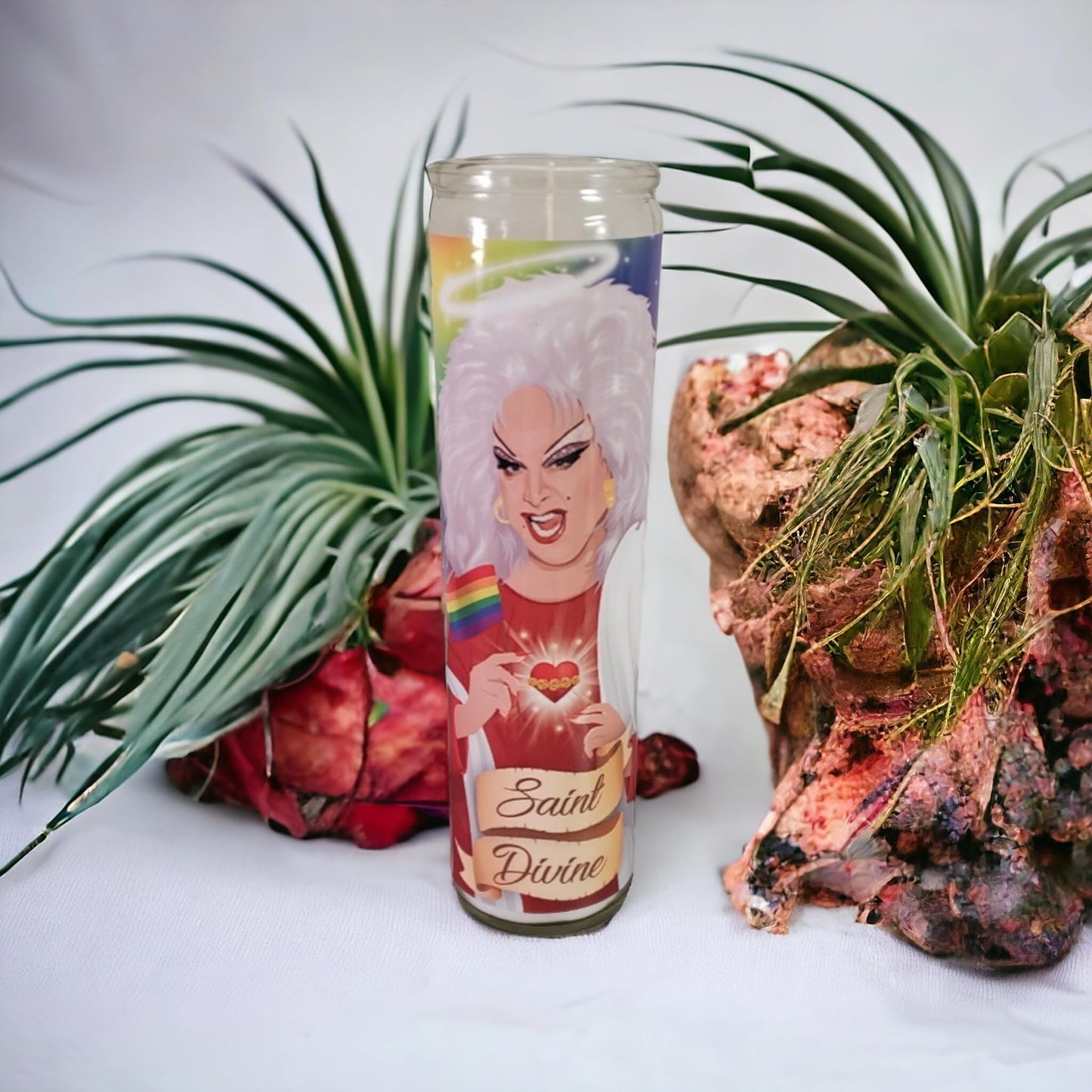 Saint Divine Queen of Filth Drag Gay Queer LGBTQ+ Pride Icon Celebrity Prayer Devotional Parody Candle - Funny, Novelty Gift - 8 inch, White, Cut - Unscented Glass