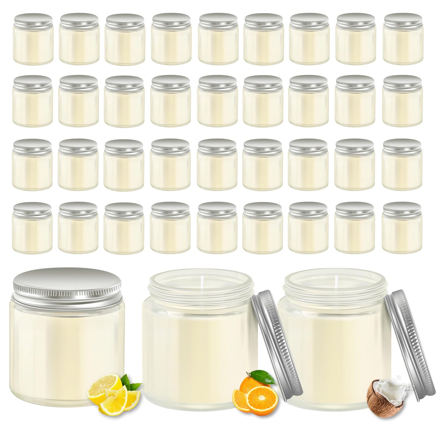ACITHGL 36 Pcs 4oz Mini Mason Jar Candles Small Scented Candles Bulk Aromatherapy Ideal Souvenir Favors for Wedding Birthday Party (Lemon, Citrus, Coconut Milk, Silver)