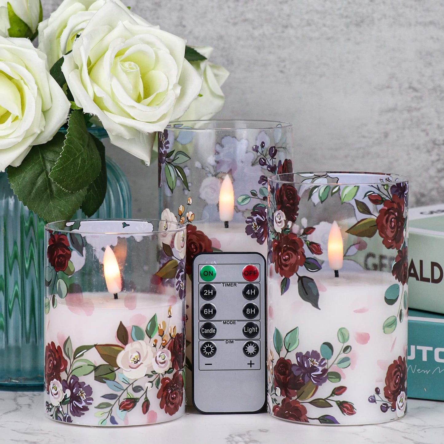 DRomance Battery Operated Glass Flameless Candles with Remote and Timer Real Wax 3D Wick Flickering Rose LED Pillar Candles Wedding Dinner Christmas Holiday Decor D3 x H4, 5", 6"