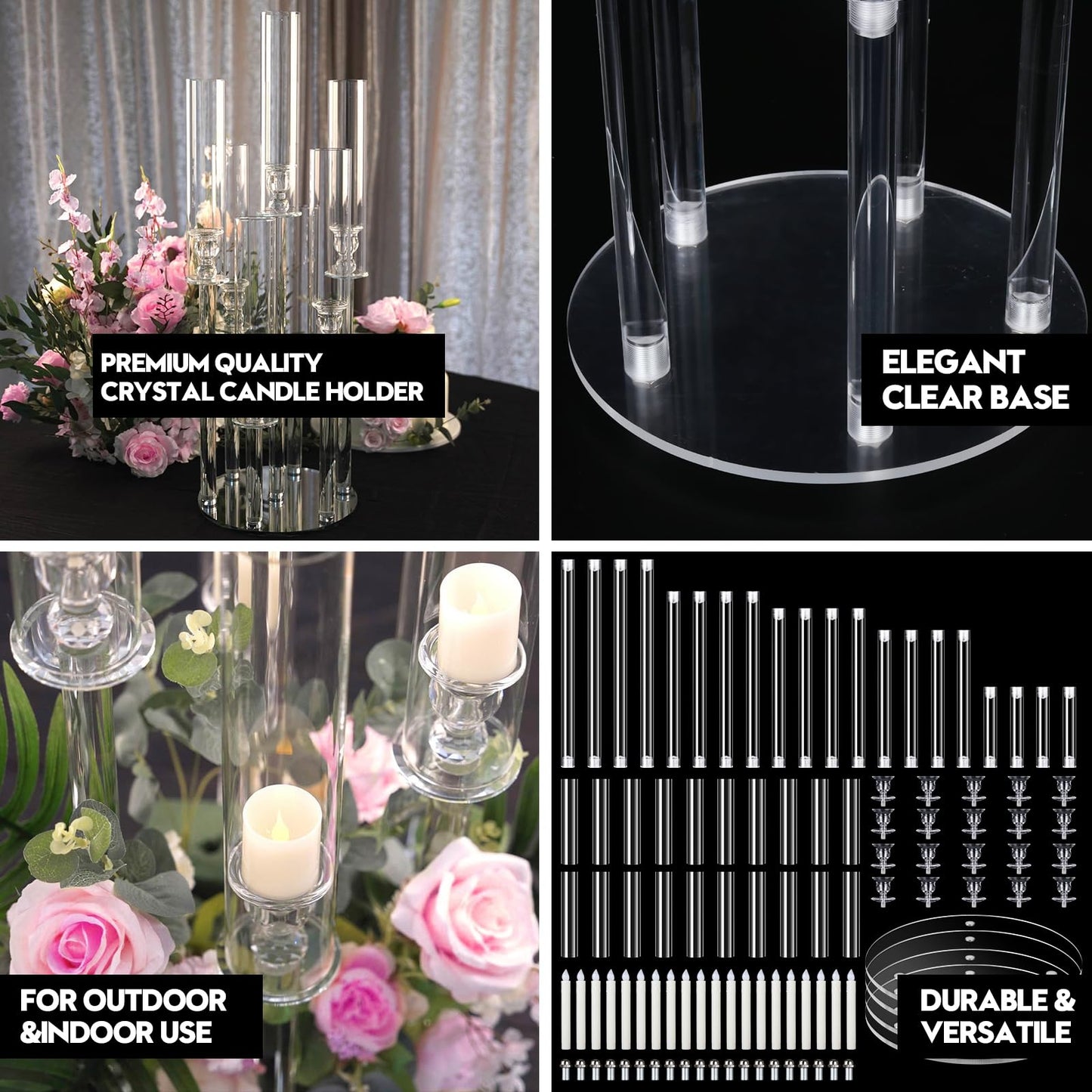 4 Set 5 Arm Acrylic Candle Holder with Candles, Mjkeomo 22.8'' Tall Table Candelabra Centerpiece, Lightweight Candelabra with Lampshades for Fireplace Mantel, Wedding, Housewarming Gift