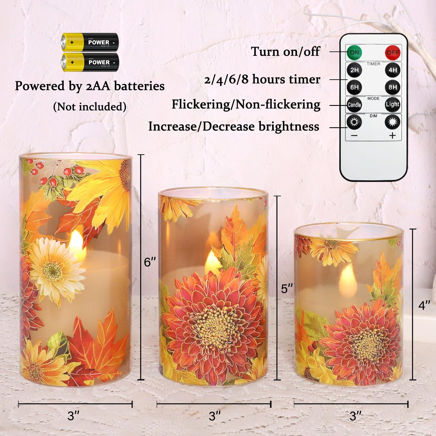 Silverstro Flameless Candles Chrysanthemum Decal with Remote & Timer - Real Wax Flickering Battery Operated Candles - Home Farmhouse Holiday Spring Decorations - Set of 3