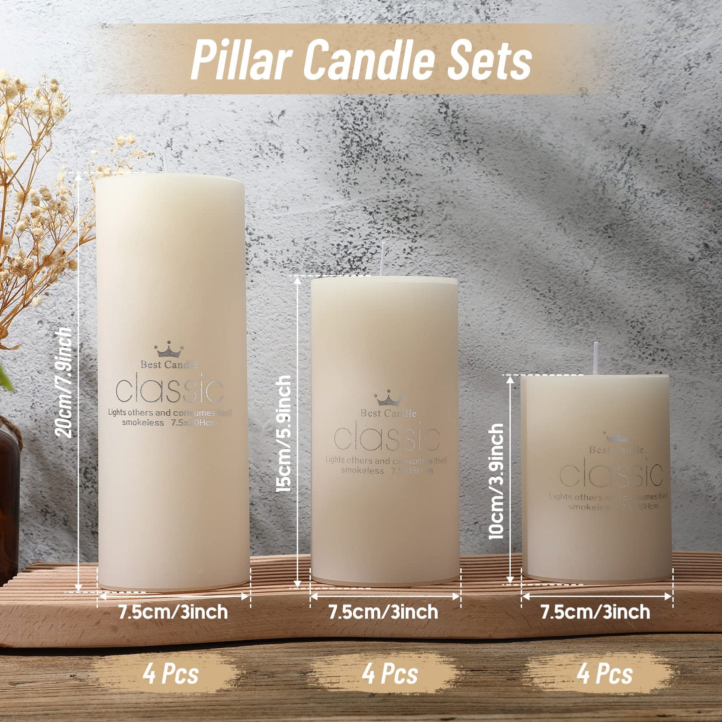 Sumind Set of 12 Pillar Candles Bulk 3"x 4", 6", 8" Dripless Unscented Poured Candles Long Clean Burning Tapers for Wedding Rustic Party Spa Bath Home Decor Relaxation All Occasions(Ivory)