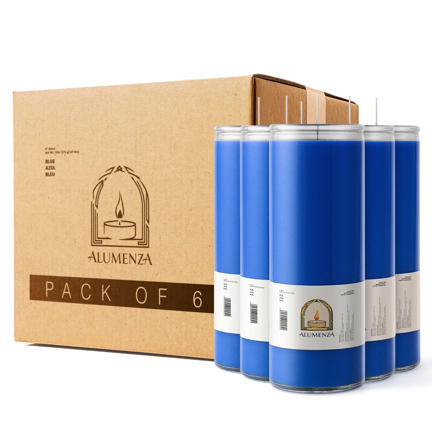 Alumenza Bulk 6 Pack Blue 7 Day Candles in Glass Jar – Paraffin Wax, Clean Burning Unscented | Large & Tall Devotional Prayer Pillar Candles for Home, Memorial, Spells, Long Lasting
