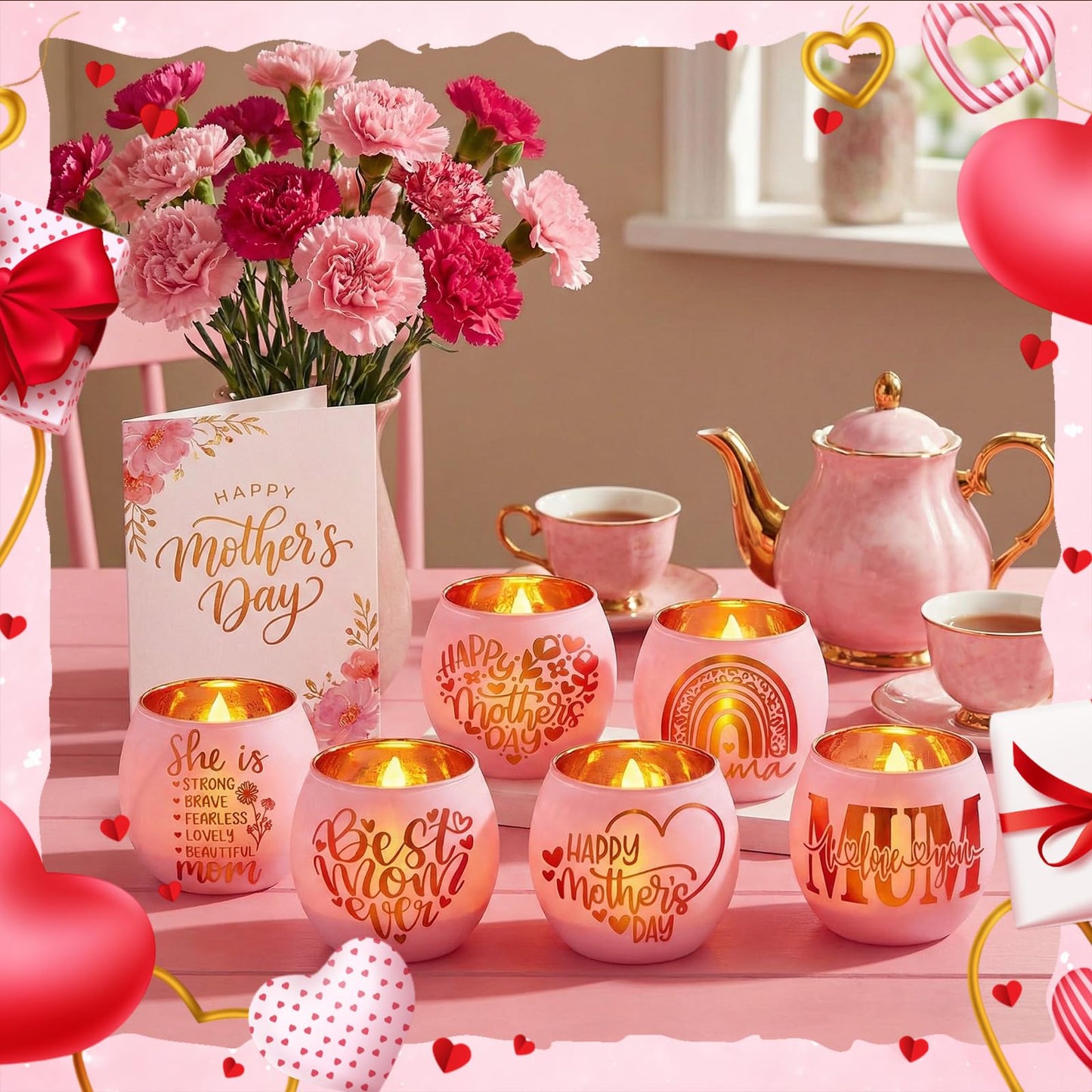 FoldTier 6 Pcs Best Mom Ever Gifts Candle Holders Rainbow Love Mum Home Decor for Candle Pink Mama Tealight Votive Holder for Birthday Party Centerpiece Mother's Gift for Birthday, Anniversary, Thanks