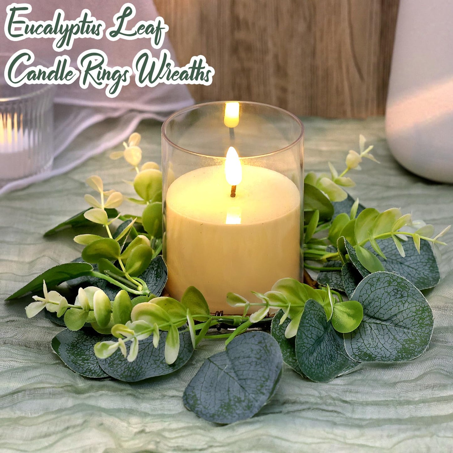 Tobilu 20 PCS Eucalyptus Candle Rings Wreaths - Artificial Greenery Wreath Green Leaves Pillar Candle Holder for Tabletop Wall Farmhouse Wedding Table Centerpieces Kitchen Home Decor