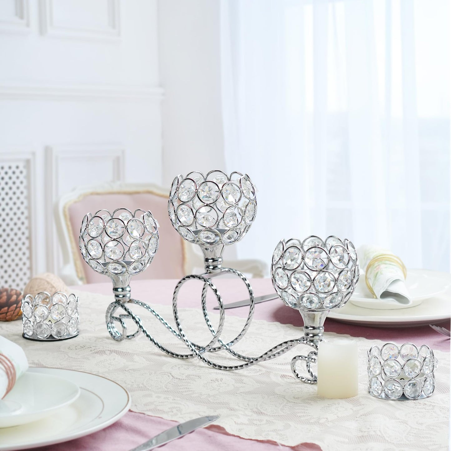 Gold/Silver Metal Crystal Tea Light Candle Holder, Elegant Wedding Table Centerpiece 3/5 Arm Crystal Candle Holder, Christmas Votive Candle Holder for Wedding Living Room Decor (Silver, 1pc-3 Arm)