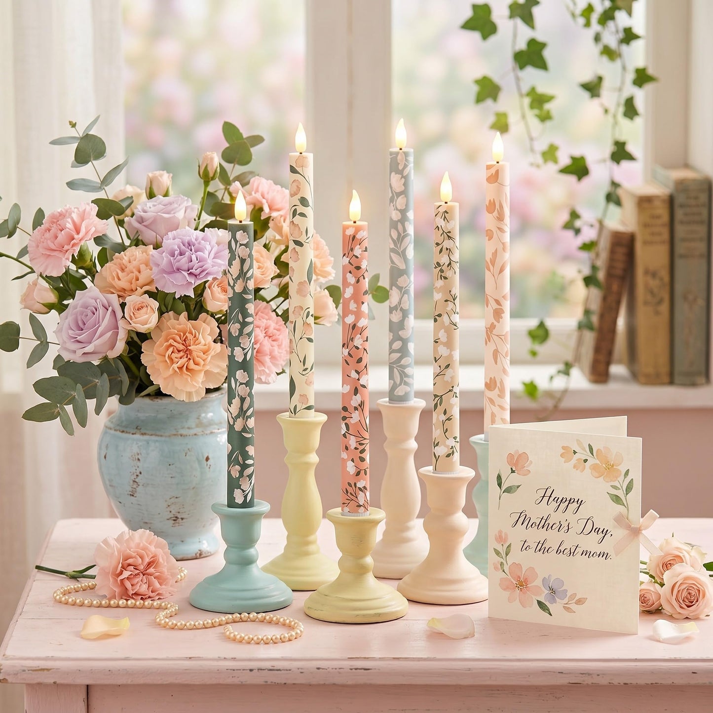 Honoson 6 Pcs Mother's Day Flameless Taper Candles 10.6 Inch Pastel Spring Flower Candles Battery Operated LED Candlesticks for Mother's Day Dinner Table Home Party Decor