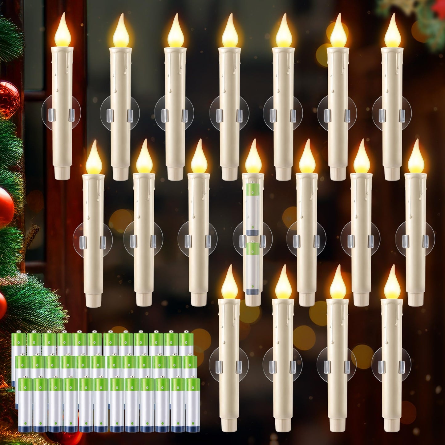 Enhon 18 Pcs Battery Operated Window Candles, Ivory LED Christmas Window Candles with Sensor Dusk to Dawn, Cordless Flameless Taper Candlestick with Battery & Suction Cup for Xmas Wedding Decorations