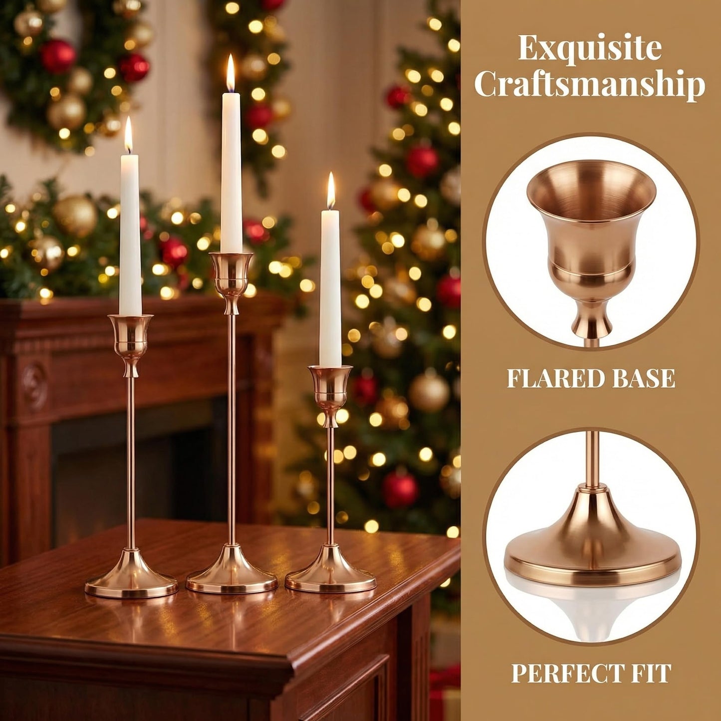 Set of 3 French Gold Tapered Candle Holder,Candlestick Tall Metal Candlestick Holders for Table Centerpiece Home Decor for Wedding Fireplace Mantel Housewarming Gift Fits 3/4 Inch Thick Candles