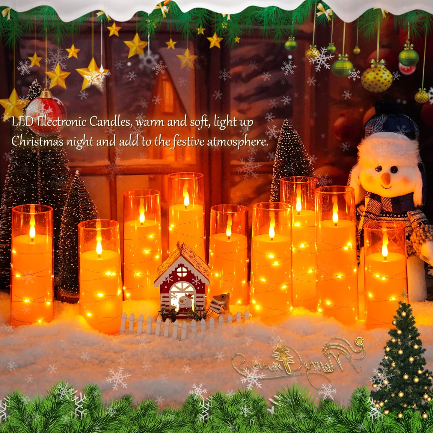 kakoya Flameless LED Candles with Timer 9 Pc Flickering Flameless Candles for Romantic Ambiance and Home Decoration Stable Acrylic Shell,with Embedded Star String，Battery Operated Candles（Orange）