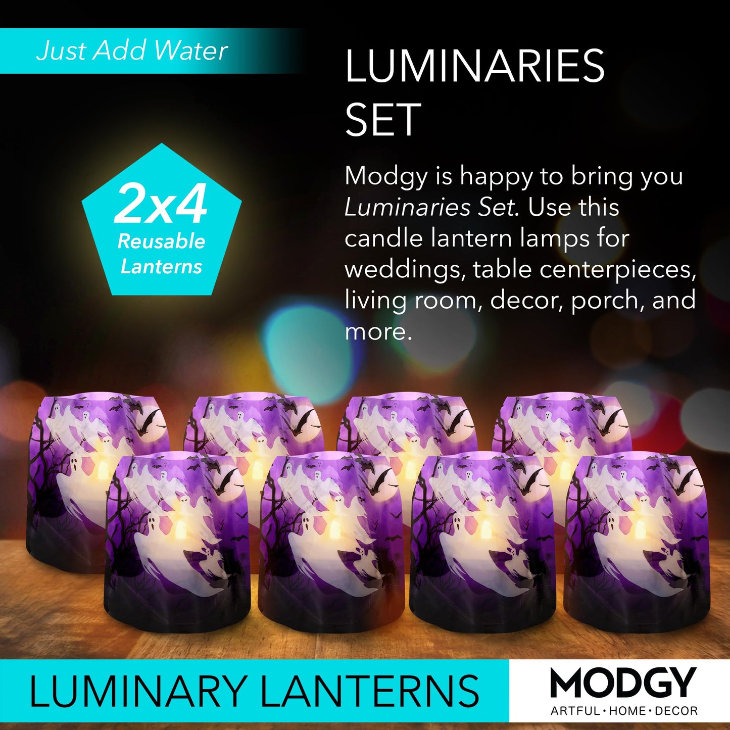 MODGY Luminary Lanterns Candle Holder Decorative Indoor Outdoor Decor, Lanterns for Wedding Centerpiece Decoration Outside Patio, with Flameless Floating LED Candles, Boo! Pack of 2