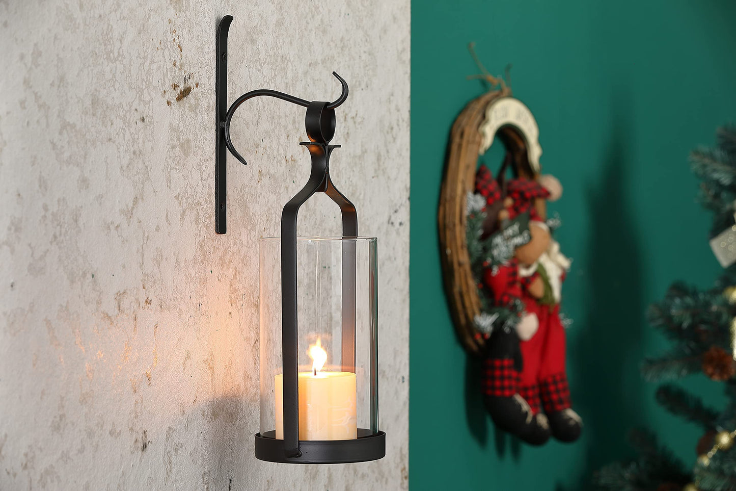 Souliron Hanging Hurricane Glass Wall Sconce Candle Holder Black Metal Wall Decorations HLJ15-291B