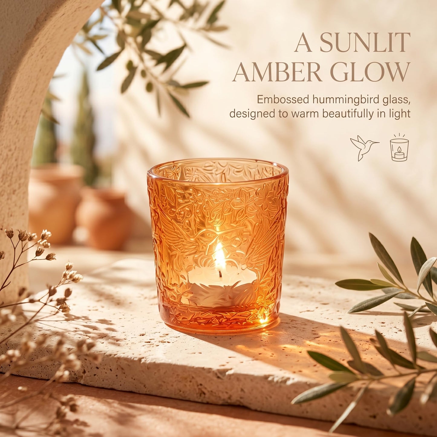 12 Pack Hummingbird Embossed Glass Candle Holders – Votive Tealight Holders with Patent Design, Decorative Embossed Glass Cups for Wedding Centerpieces, Parties, and Home Décor (Pumpkin Spice)