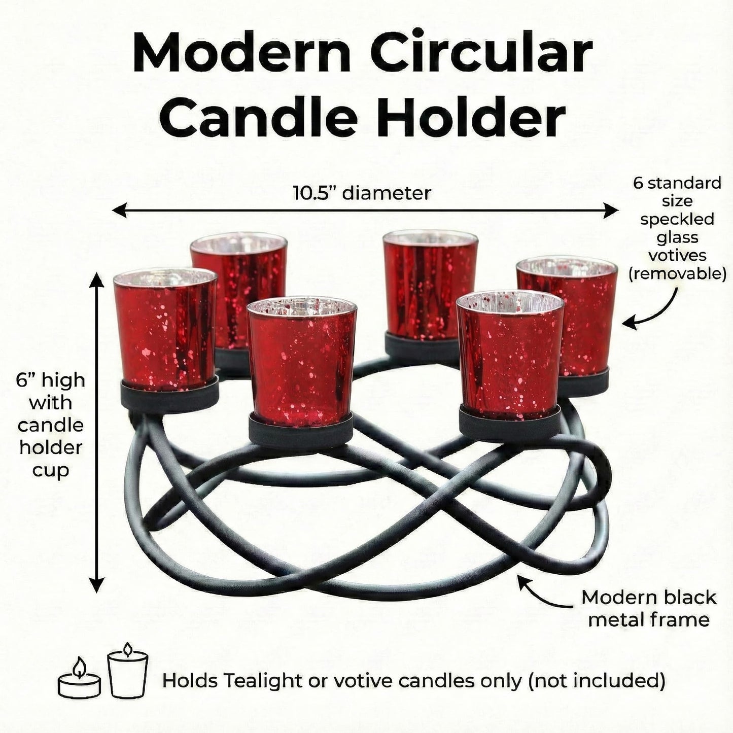 Seraphic Centerpieces for Table Decorations - Round Candle Holders for Outdoor Patio, Dining, Kitchen, Coffee & Wedding Table Decor, Black Iron Candelabra, 6 Red Glass Votive Tealight Cups