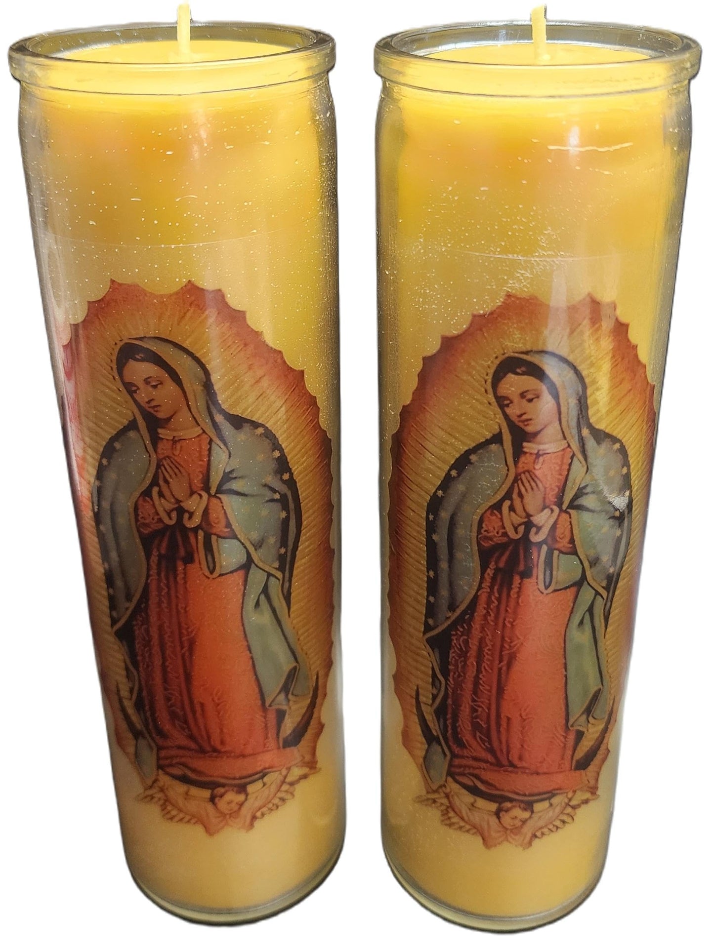 100% Beeswax Devotional Candle, Our Lady of Guadalupe Glass Prayer Candle, 8" H x 2" W, 100 Hours Burning time Made in USA. (2)