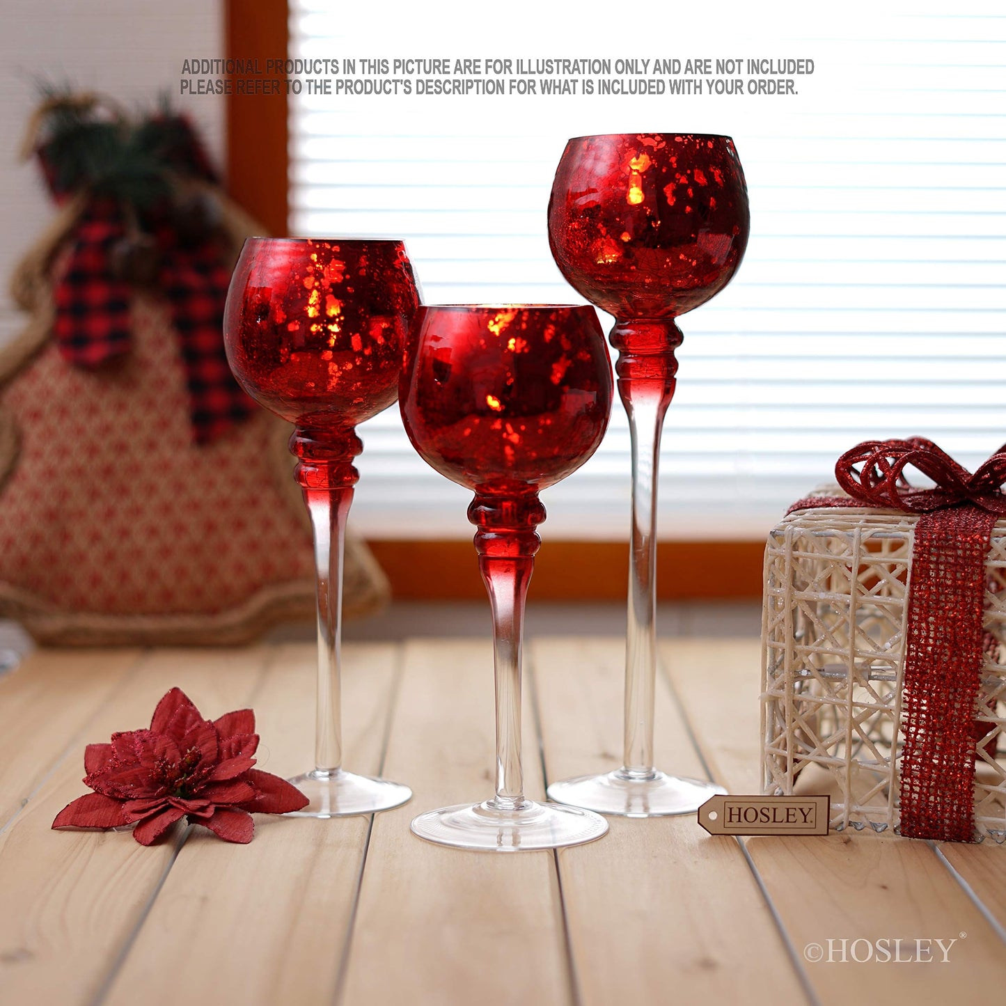 Hosley Set of 3 Crackle Red Glass Tealight Holders - 12 Inch, 10 Inch, 9 Inch Ideal for Weddings Special Events Parties Also Makes a Great Gift