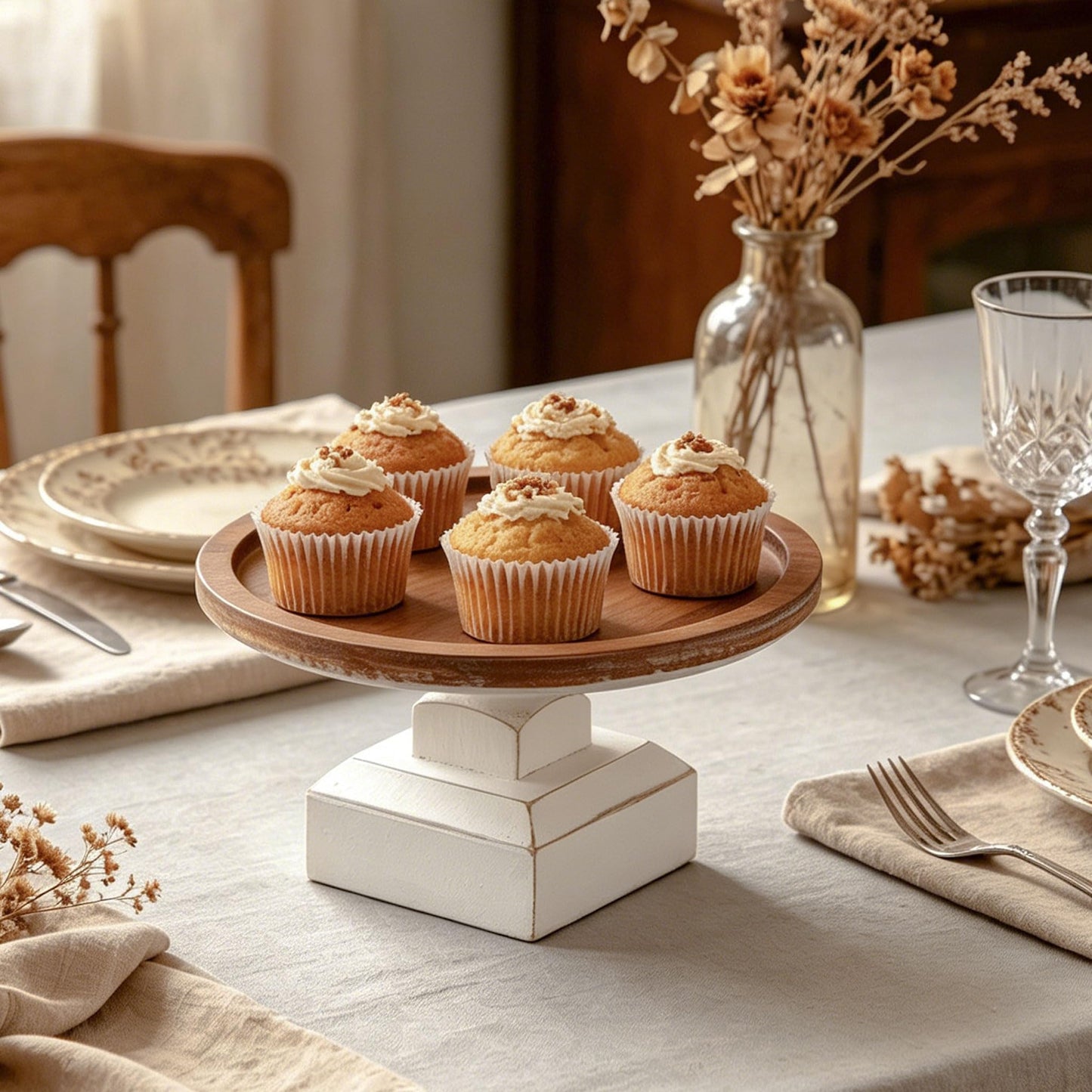 SOFE Round Wood Cake Stand Rustic - 9 Inch White Cake Pedestal Stand - Cake Plate Stand Display Riser for Dessert Table - Candle Holder Tray for Birthday, Parties, Wedding