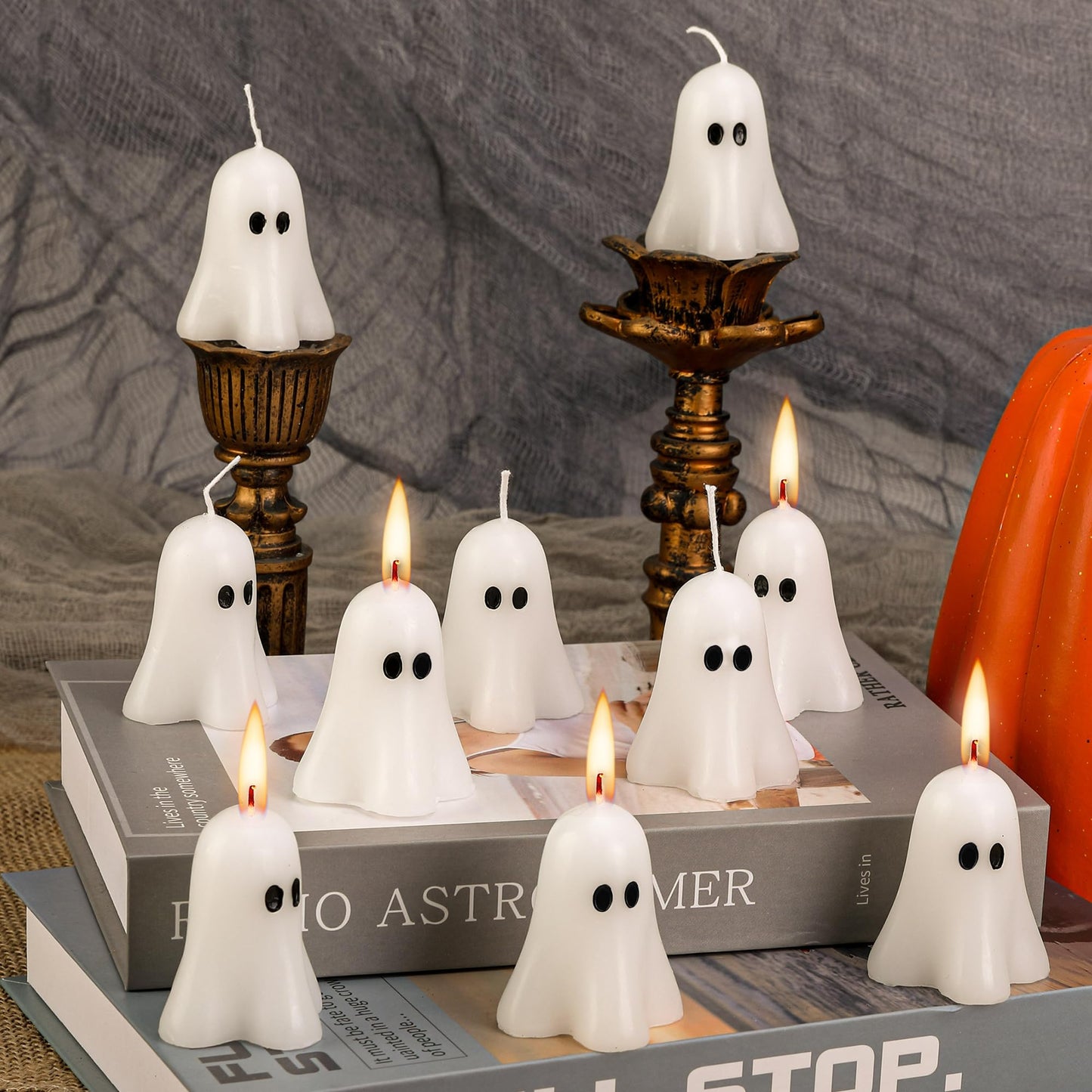 EBaokuup 10 PCS 2.3'' X 1.6'' Halloween Ghost Candles, White Classic Decor Candle for Home and Table Decorations