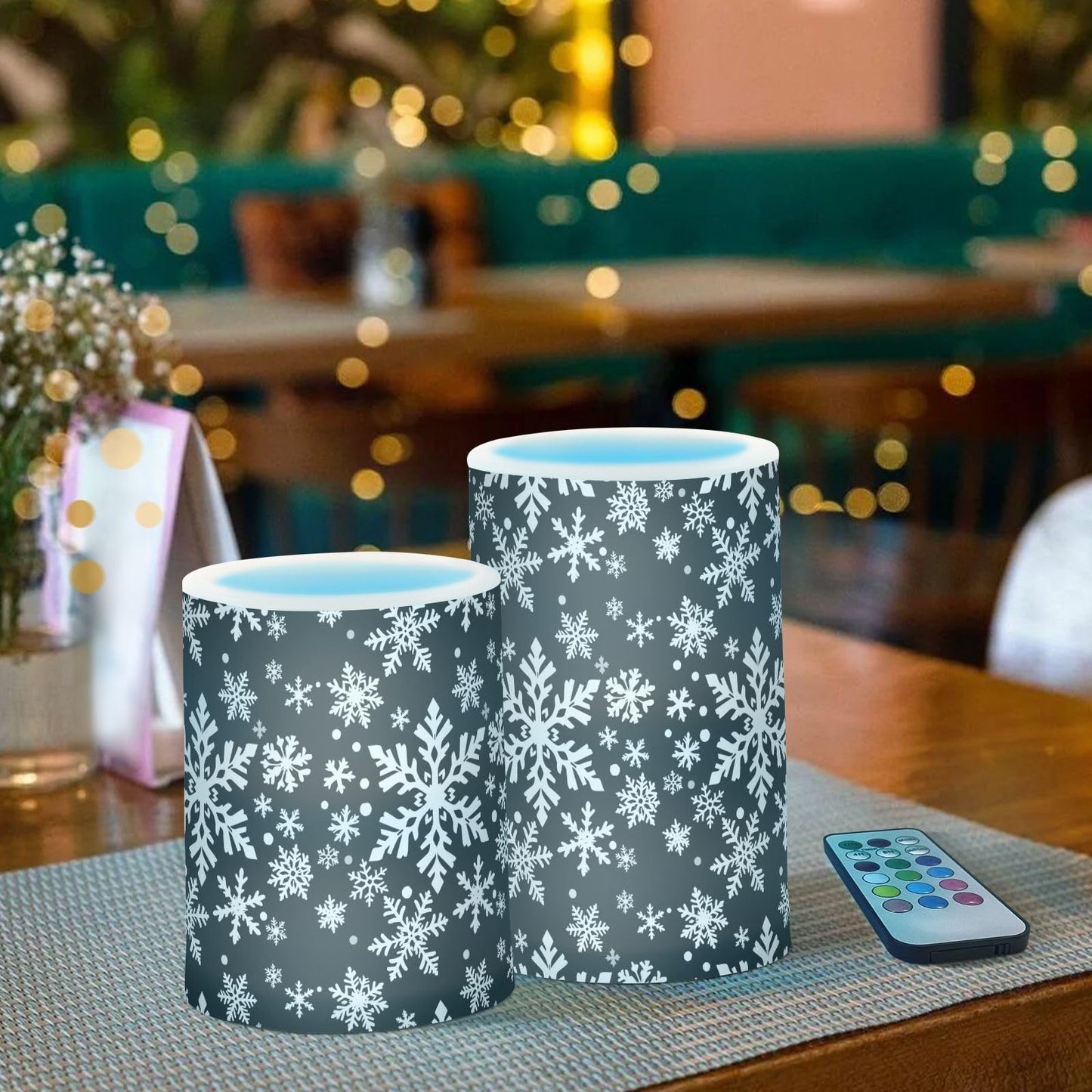 Pigsaly Flameless Candles Battery Operated White Black Texture Christmas Snowflakes Flickering Led Pillar Candles with Remote Control Colour Changing Warm Light Candles for Halloween Christmas Weddi