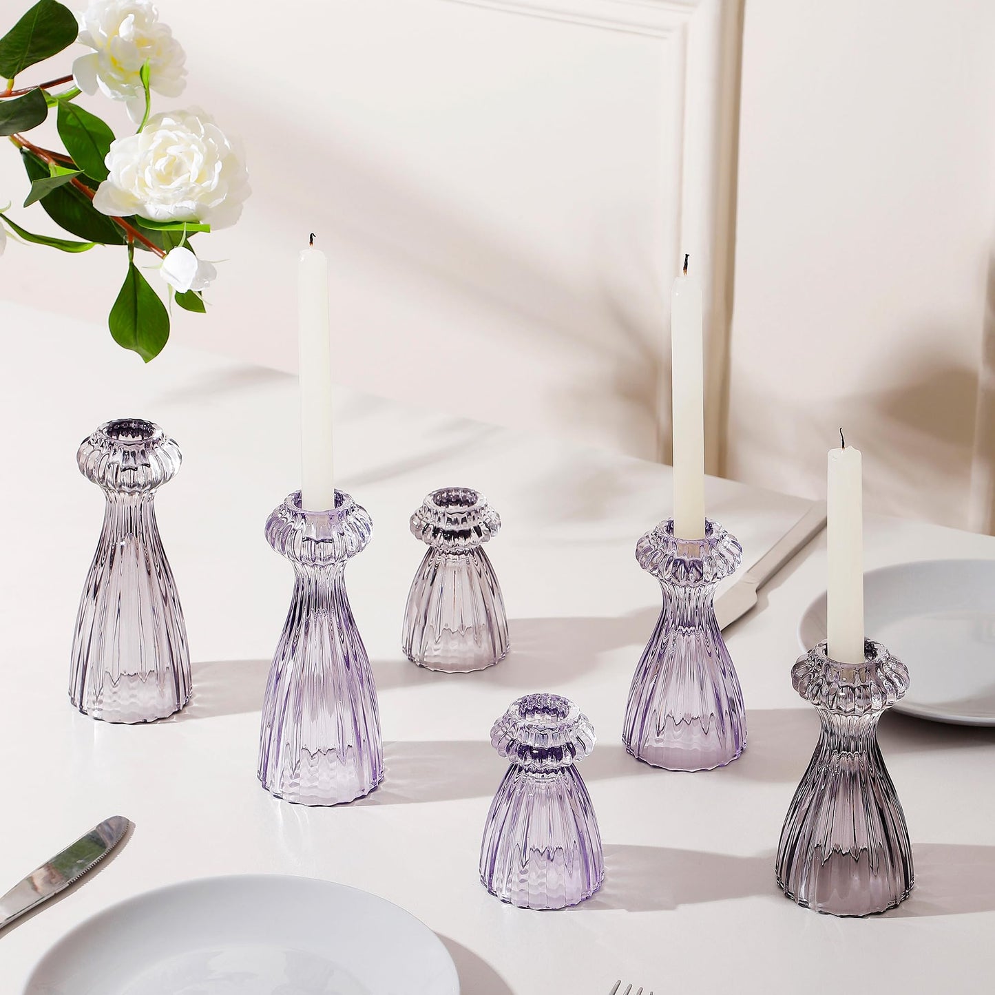 Lysenn Glass Candle Stick Holder Set of 3 – Premium Taper Candle Holders for Romantic Ambiance - Candle Sticks Holder Decor for Special Occasions - Smoke Gray