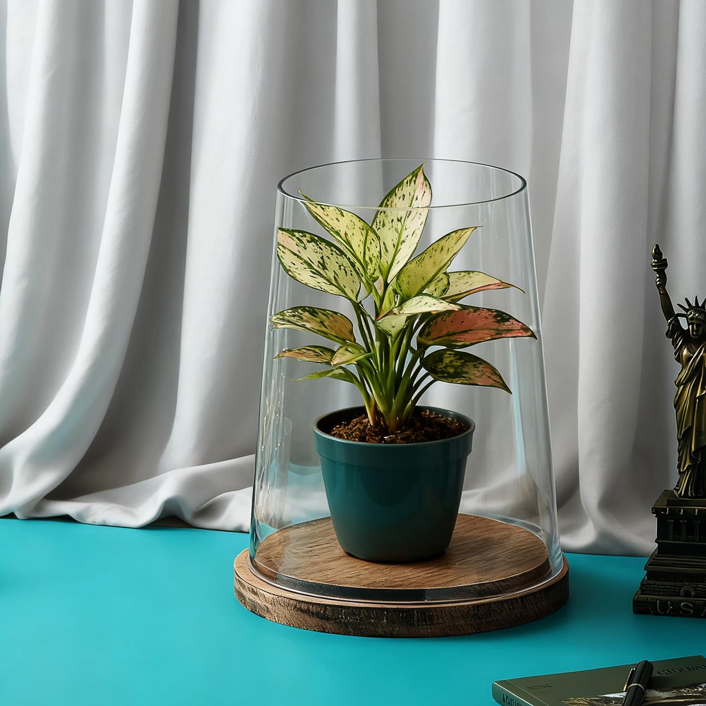 8" Wide Glass Hurricane Candle Holders with Handmade Sturdy Glass Sleeves and Vintage Natural Wood Base for Pillar Candle & Plants, Industrial, Farmhouse, Display Cloche Bell Jars, Table Centerpiece