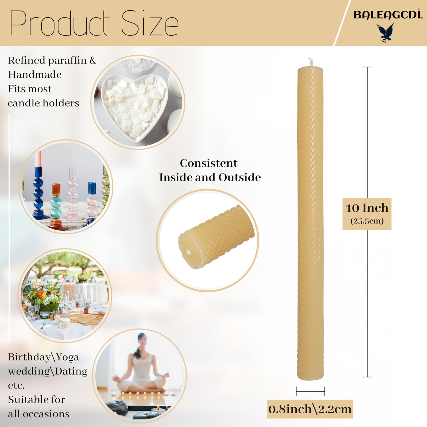 Unscented Texture Taper Candle Yellow 10 Inch Spiral Candlesticks Smokeless Handmade Long Candle Stick for Home Wedding Dinner Decor Creative Gifts 2 PCS