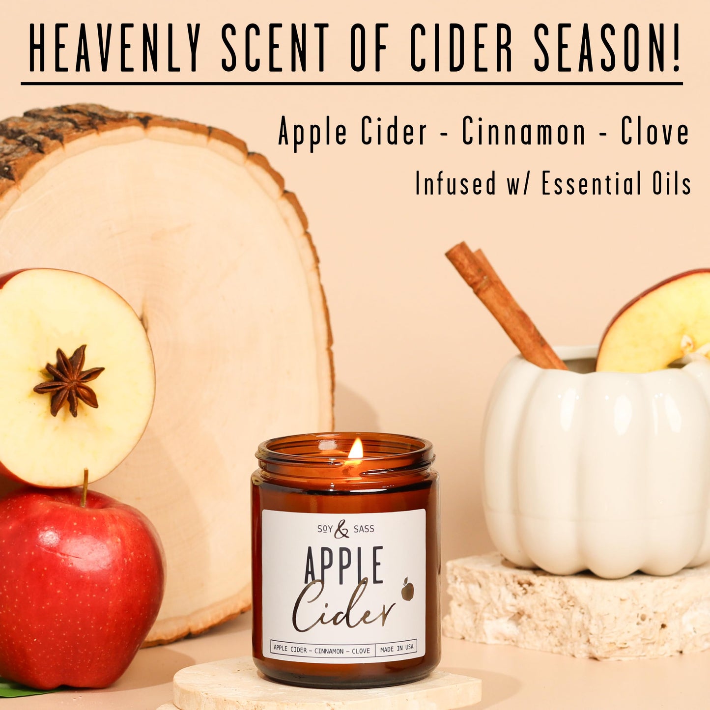 Apple Cider Candle, Fall Candles I Apple Cider, Cinnamon & Nutmeg - Infused with Essential Oils I Mulled Cider Fall Scented Candle (Soy) for Home I 9oz Reusable Jar I 50Hr Burn I Made in USA