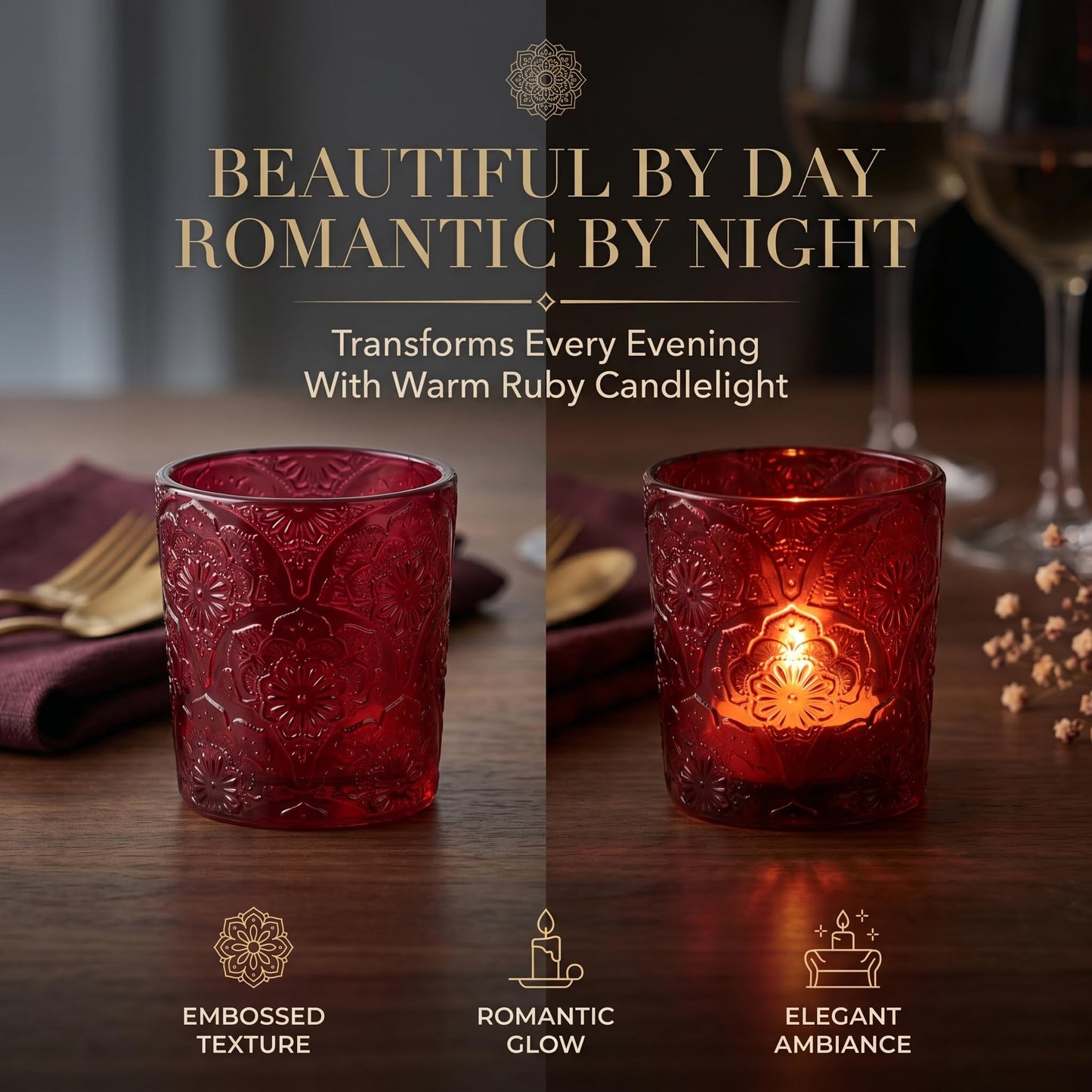 12 Pack Mandala Embossed Glass Candle Holders – Votive Tealight Holders with Patent Design, Decorative Embossed Glass Cups for Wedding Centerpieces, Parties, and Home Décor (Crimson Glow)
