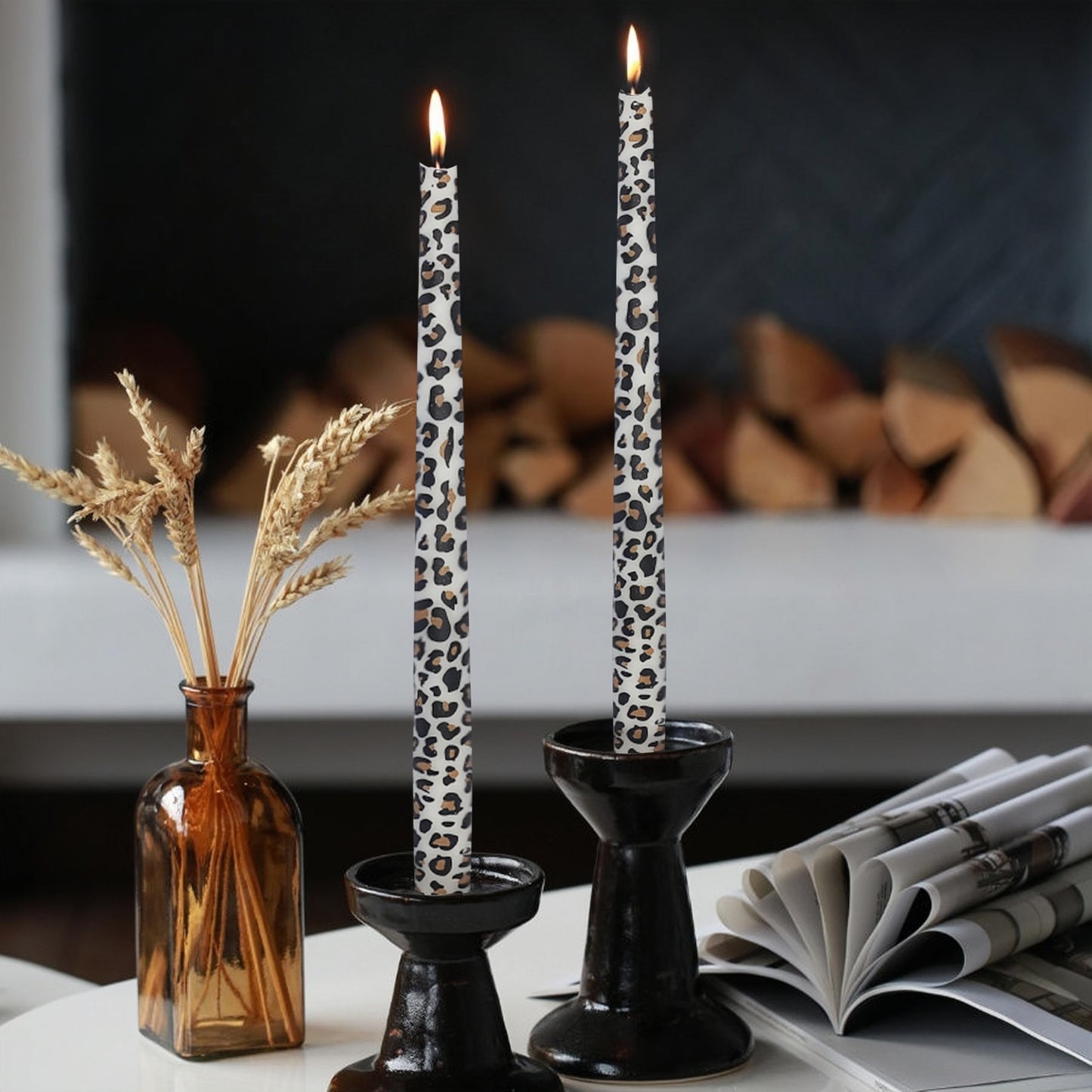 NJAO HOO Candlesticks 10 in Straight Taper Candles Hand Printing Leopard Candlesticks Tall Tapered Candle Sticks for Home Garden Decor Simple Modern, 2Pcs