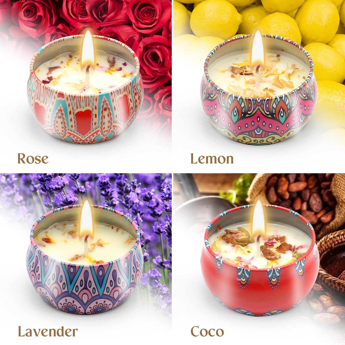 Scented Candles Gift Set for Women 4 Pack Soy Wax Candles with Dried Flowers Reusable Tin Aromatherapy Relaxation Gift for Birthday Mothers Day Valentines Day