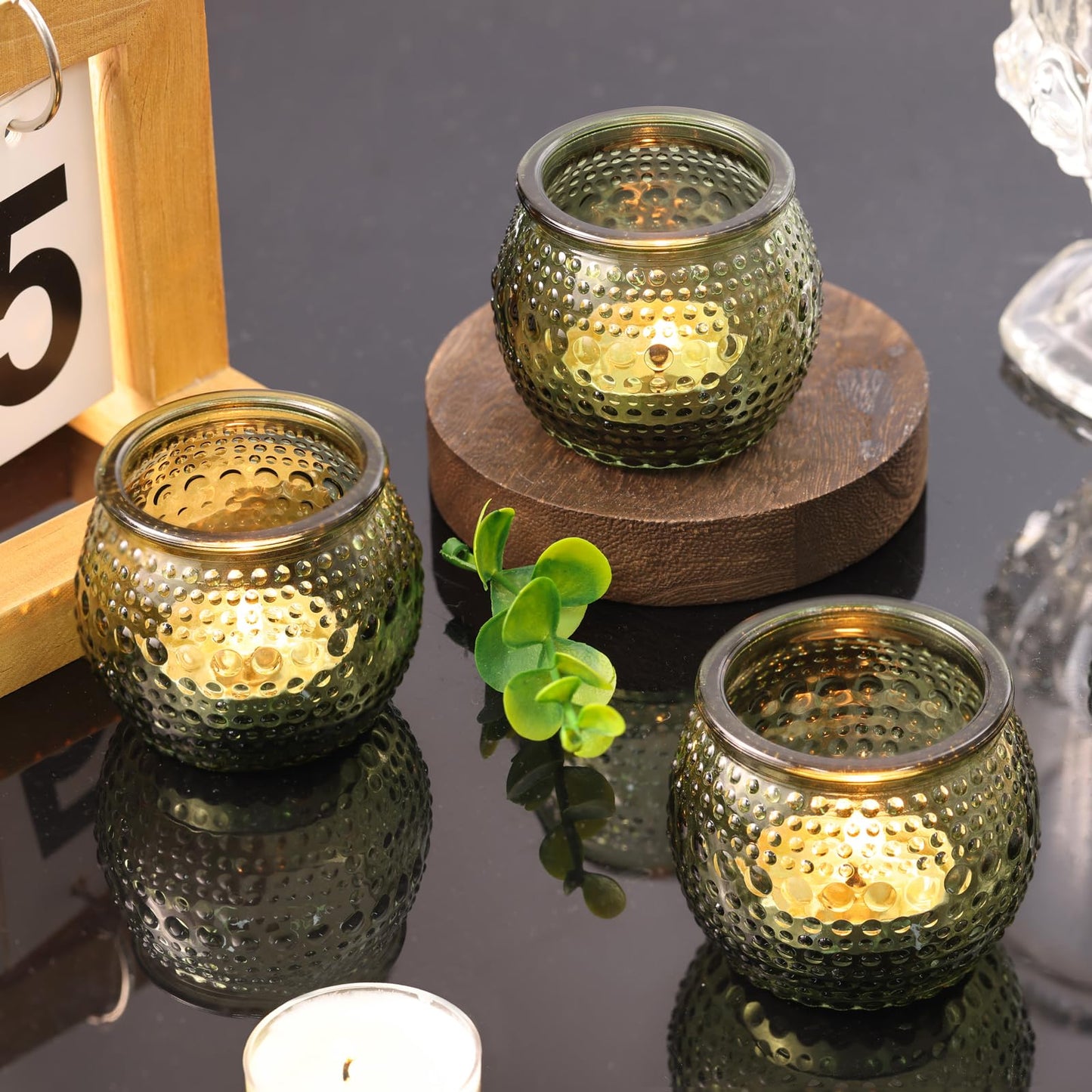 16 Pcs Green Votive Candle Holders, Round Glass Tea Lights Holder with Polka Dot Embossed, Votive Candle Holders for Weddings, Home Decor, Baby Shower, Special Occasions