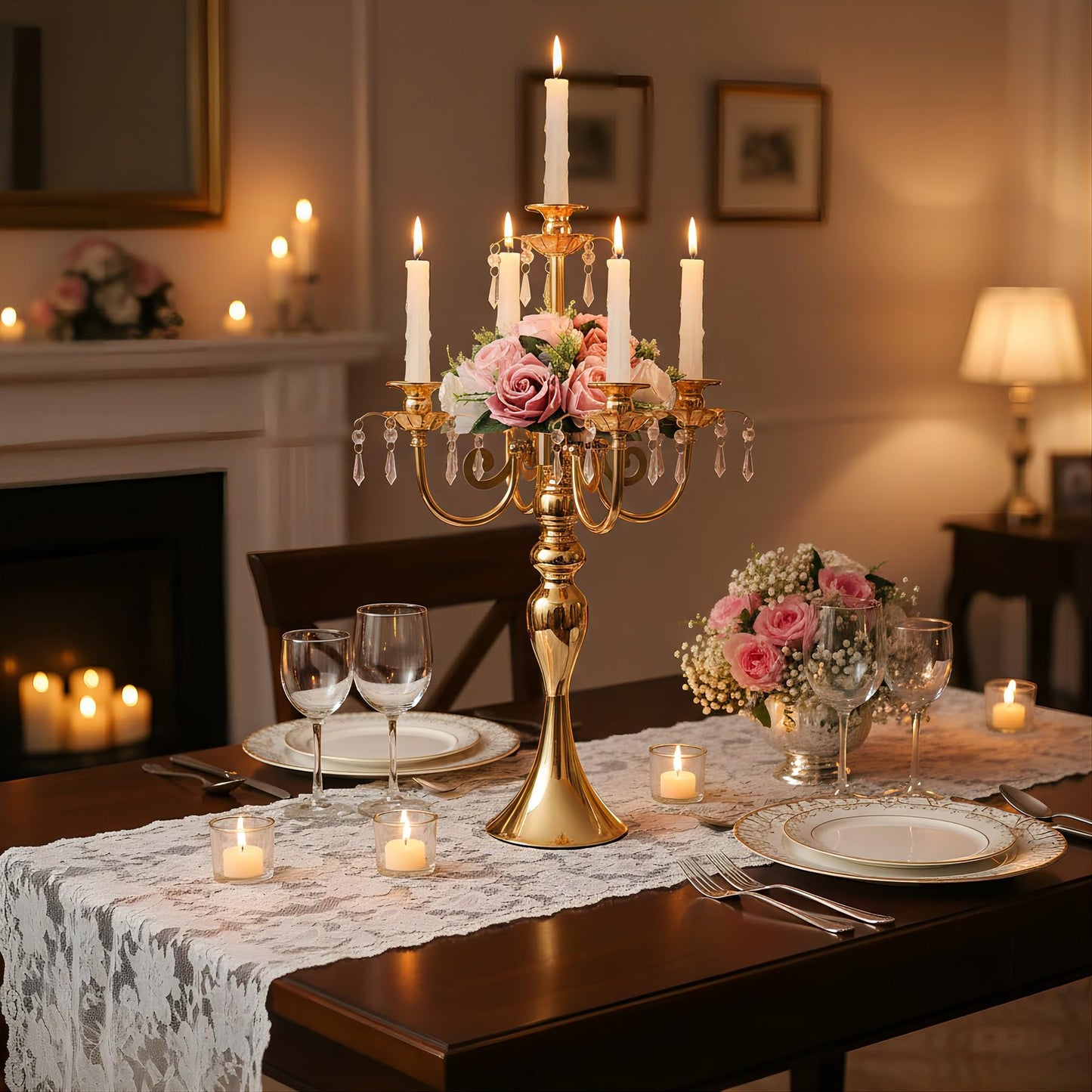 5 Arm Black Candelabra Centerpiece for Table, 20.3” Tall Metal Candlestick Candle Holder for Taper Candles, Gothic centerpieces for Tables, Wedding, Party, Reception (Gold, 2pcs)