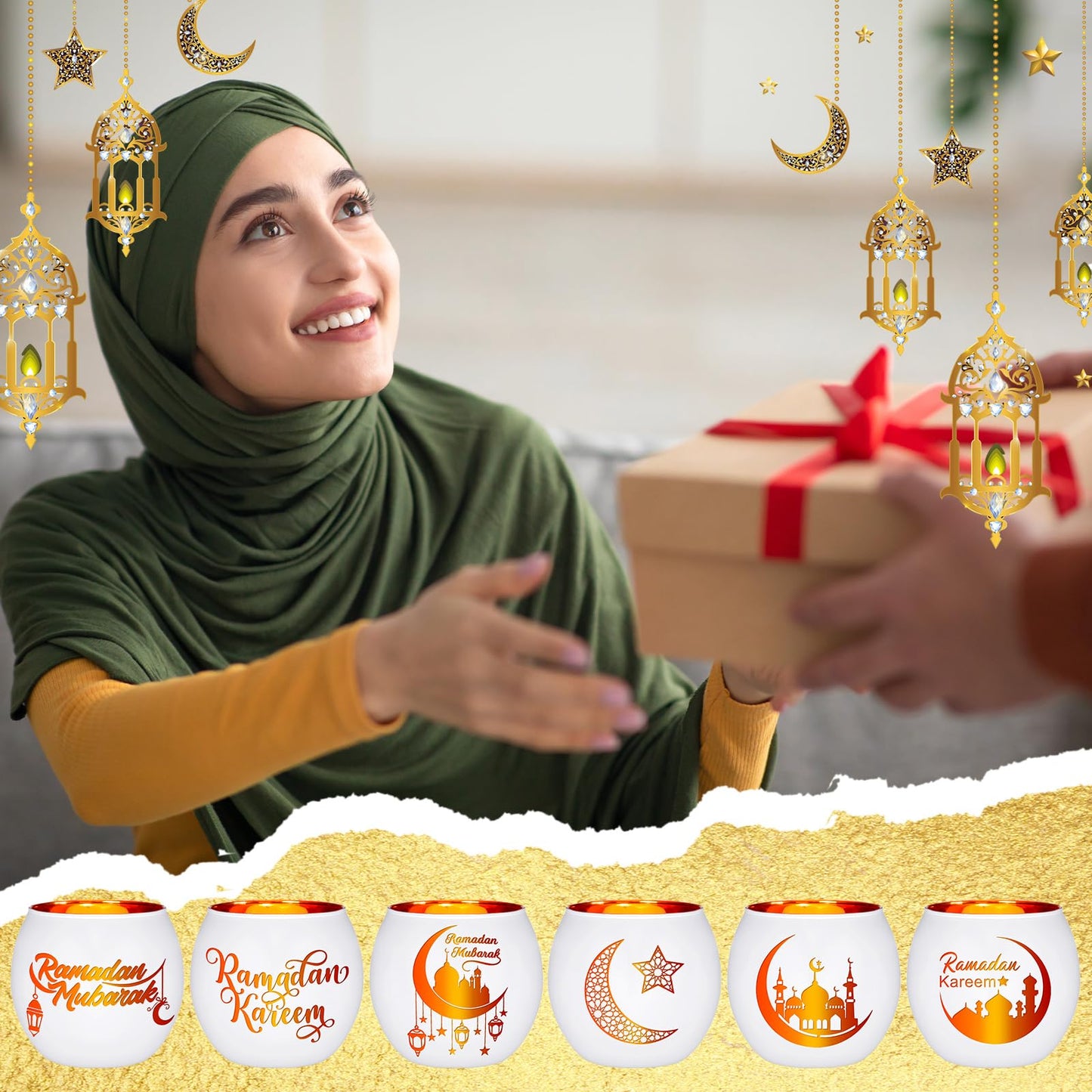 FoldTier 6 Pcs Ramadan Table Decor Ramadan Mubarak Candle Holders Glass Eid Mosque Decoration Votive Tealight Candle Holders for Muslim Gift Tabletop Centerpieces Islamic Party Home Decoration