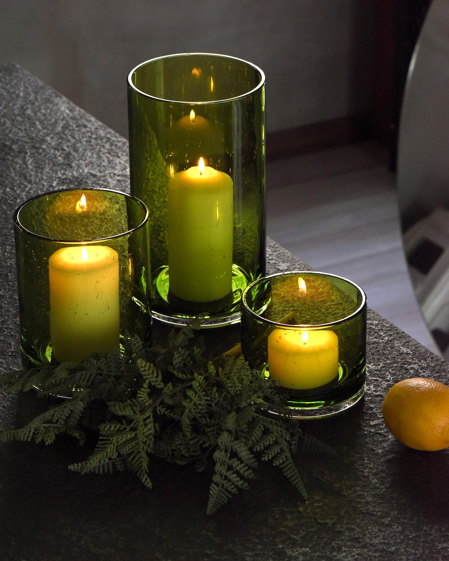 ARIAMOTION Hurricane Candle Holders Set of 3, Spring Green Glass with Seeded Bubbles, Pillar Candle Holders, Cylinder Vase Centerpieces 10" 7" 4" Height