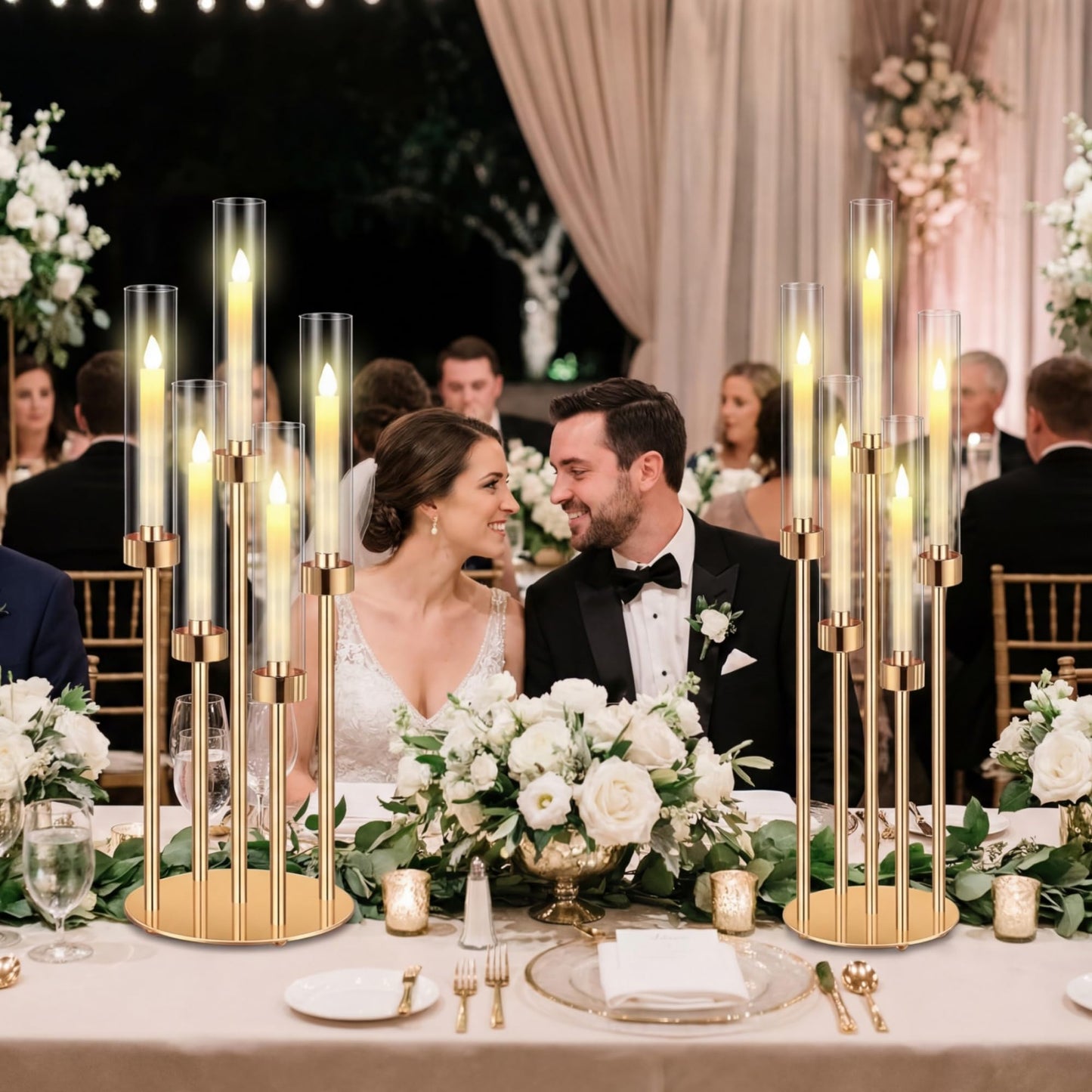 Tandefio 8 Set Gold Candelabra Centerpieces for Tables, 26.8 Inch 5 Arm Candle Holders with LED Candles and Acrylic Cylinders, Tall Acrylic Wedding Table Centerpieces for Reception Dinner Party Decor