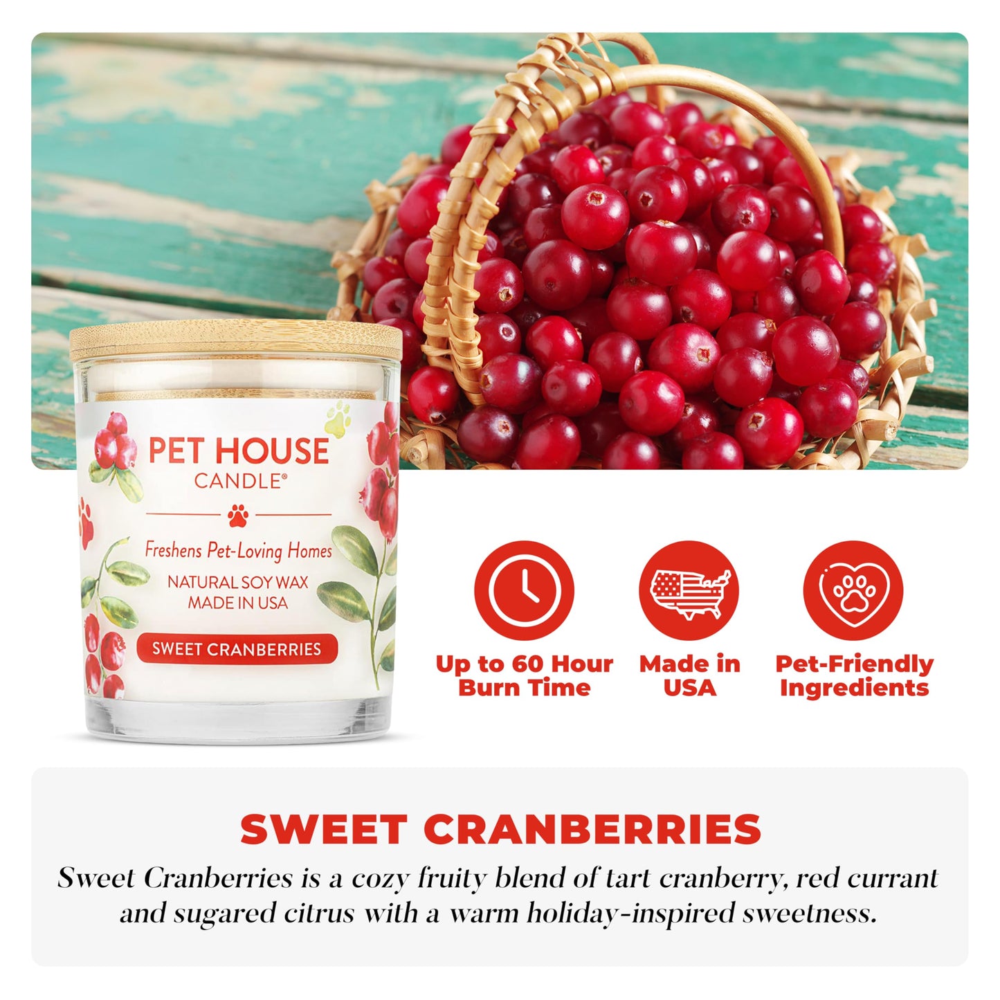 One Fur All Pet House Candle 2 Pack - Plant-Based/Soy - Clean Burning Scented, Long Lasting Pet Odor Candle for Home -Sweet Cranberries