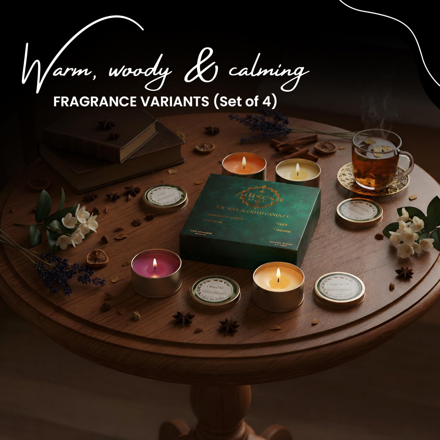 Adisesh Decor Metal Tin Soy Wax Scented Candles Gift Set - 4 Aromatic Flavors (Sandalwood Amber, Lavender, Lily, Jasmine) | Scented Candles for Home Decoration, Burn Time 14-15 Hrs Each