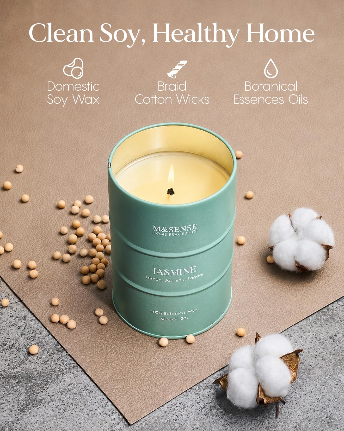 M&SENSE Jasmine Scented Candles Large, Natural Soy Candles 21.2oz 120 Hour Slow Burning,Aromatherapy Candle for Stress Relief Meditation Relaxing