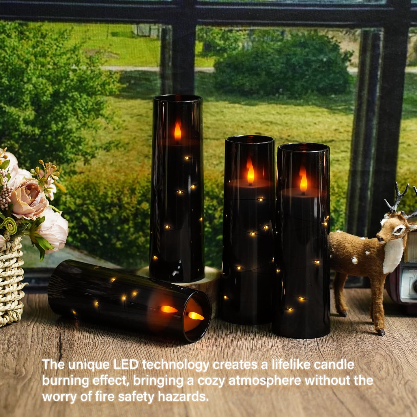 Eebuss Flameless Candles with Embedded Star String, Battery Operated LED Pillar Candles with Timer and Remote Control,Home Decorating for Ambiance， Set of 7(Black)