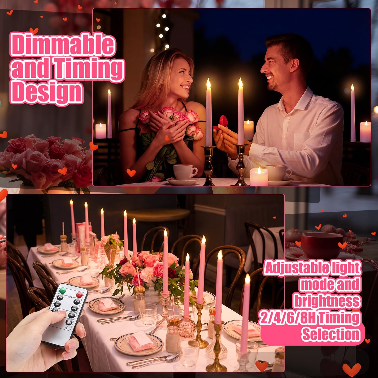 Baquler 120 Pcs Flameless Taper Candles with Remote and Timer 11" Battery Operated Candlesticks LED Flickering Faux Candles Warm Light for Wedding Holiday Party Home Decor (Pink)
