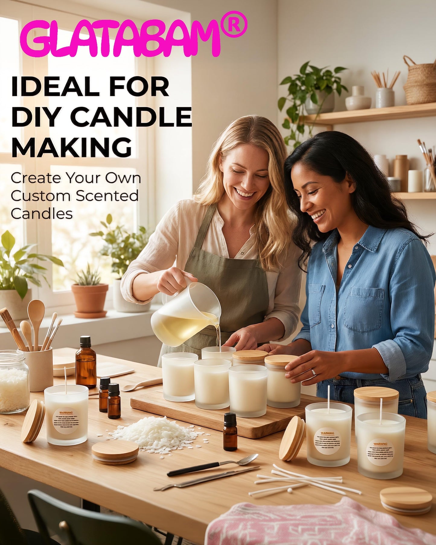 GLATABAM 7 OZ Candle Jars 12 Pack - Bulk Glass Candle Making Jars with Bamboo Lids & Labels, Heat Resistant Empty Reusable Candle Vessel for Containers(Frosted White)