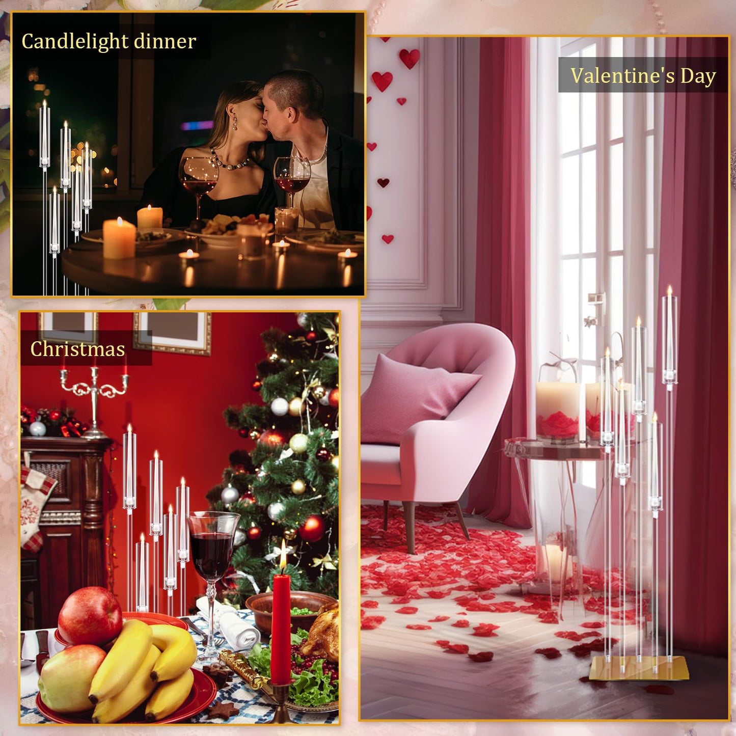 4 Set Floor Candelabra 5 Arm 46.5'' Tall Acrylic Candle Holders Tables Candelabra Centerpieces Wedding Candlestick Set with Clear Lampshade Gold Metal Base for Ceremony Party Home Decoration