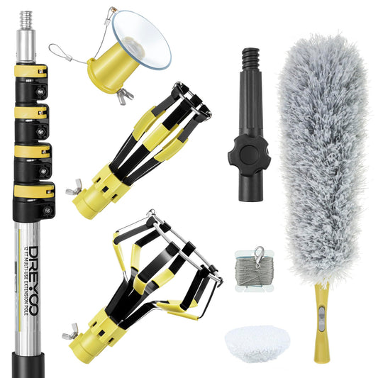 Dreyoo Light Bulb Changer Set with Telescopic Pole 3-12 ft, Metal, Yellow, Model DR-Dreyoo-0995