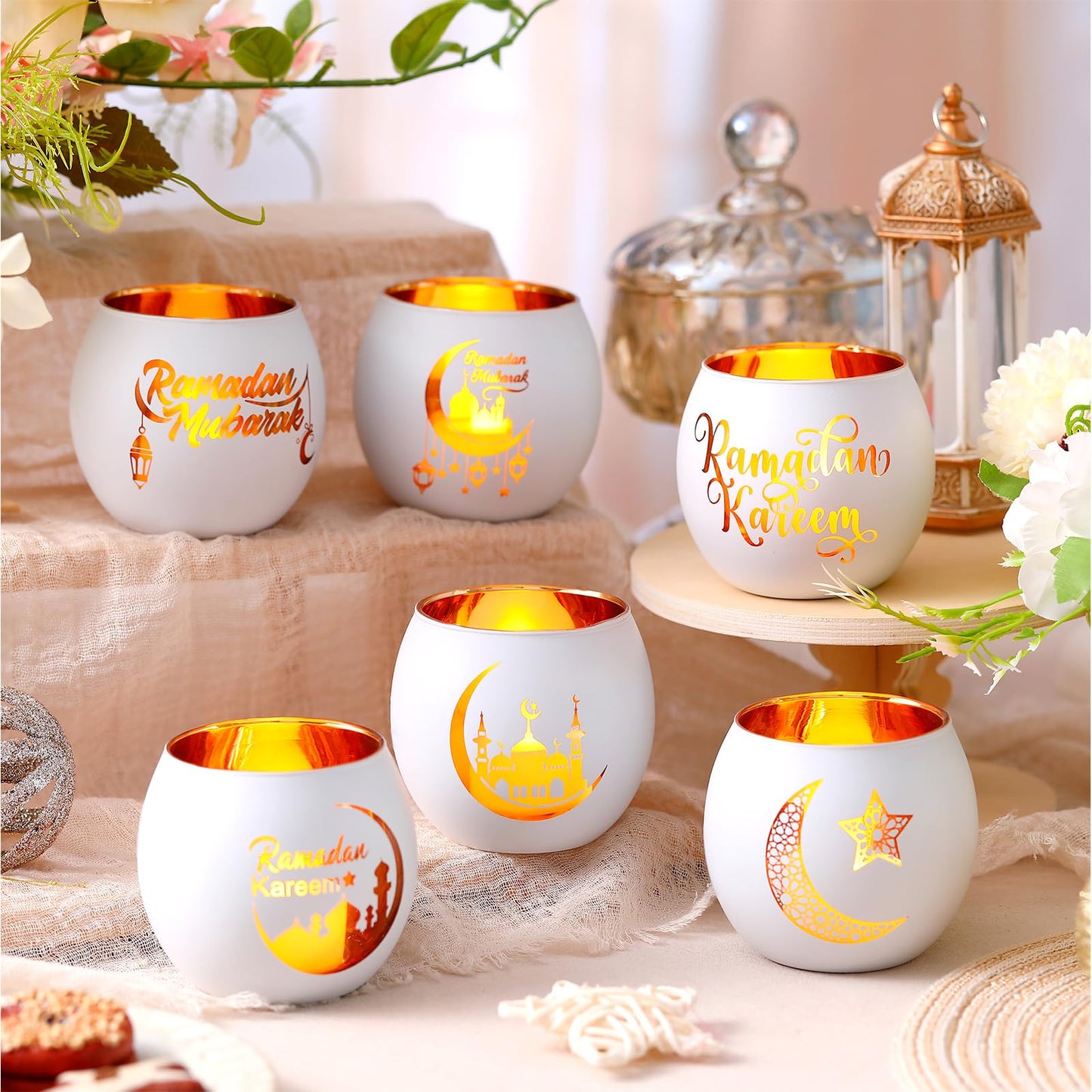 FoldTier 6 Pcs Ramadan Table Decor Ramadan Mubarak Candle Holders Glass Eid Mosque Decoration Votive Tealight Candle Holders for Muslim Gift Tabletop Centerpieces Islamic Party Home Decoration
