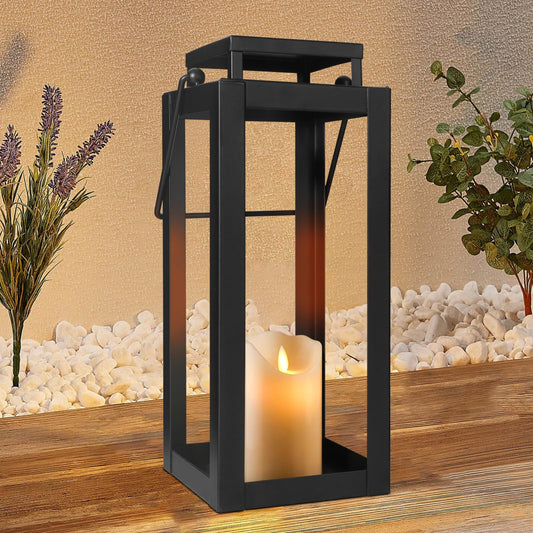 18" Black Metal Modern Candle Lantern – Decorative Hurricane Lantern for Indoor & Outdoor Use, Ideal for Table, Mantle, Porch, Halloween, Christmas, and Wedding Decor (No Glass Panel)