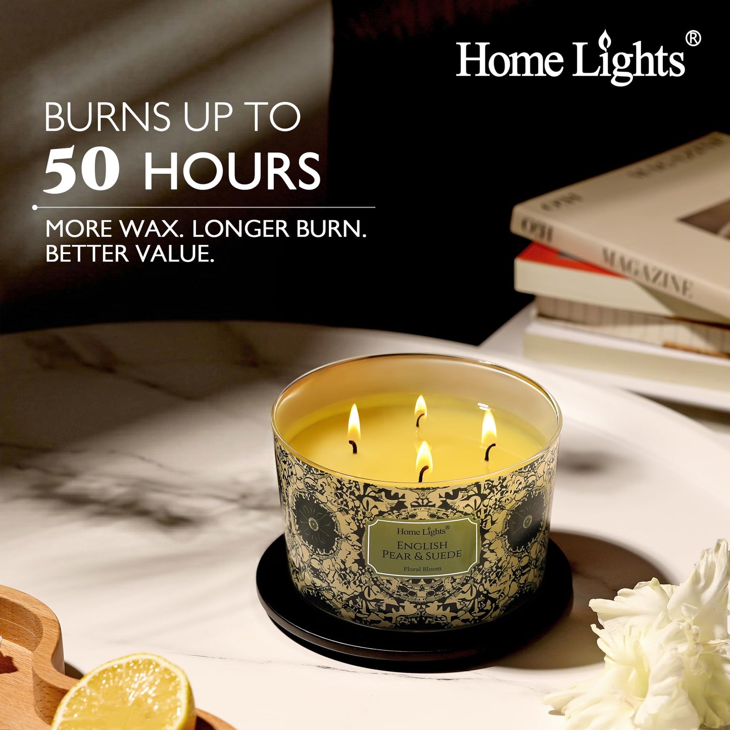 HomeLights Soy Wax Candles for Home Scented, 4-Wick Candles in English Pear & Suede Scented, Aromatherapy Candles Gift for Parties, Relaxing, Bohemian Natural Textures, 18oz