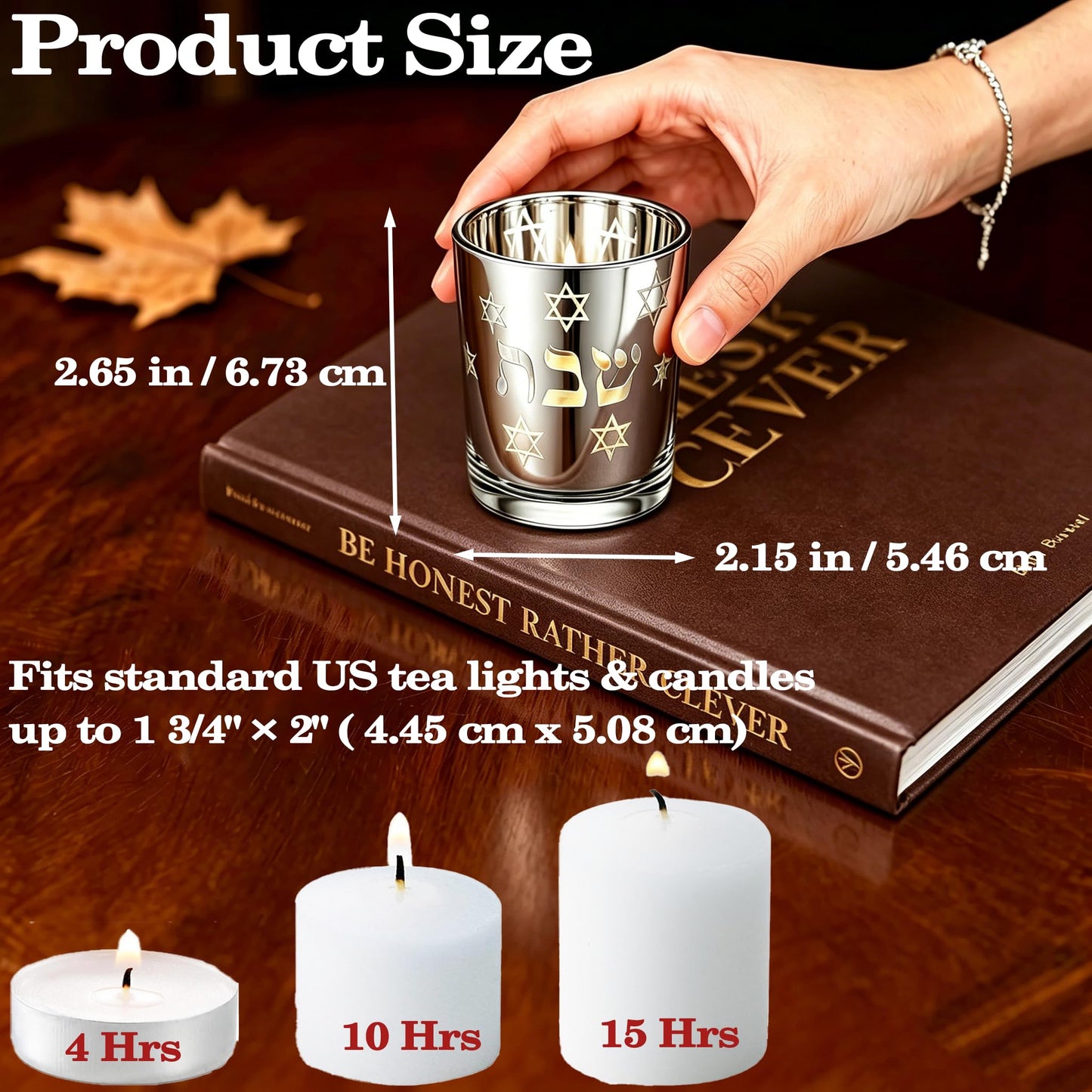 ZIVOSELY Set of 2 Glass Shabbat Candle Holders, Thickened Heat-Resistant Electroplated Glass Tea Light Holders for Jewish Judaica Sabbath Hanukkah Gifts, All Silver