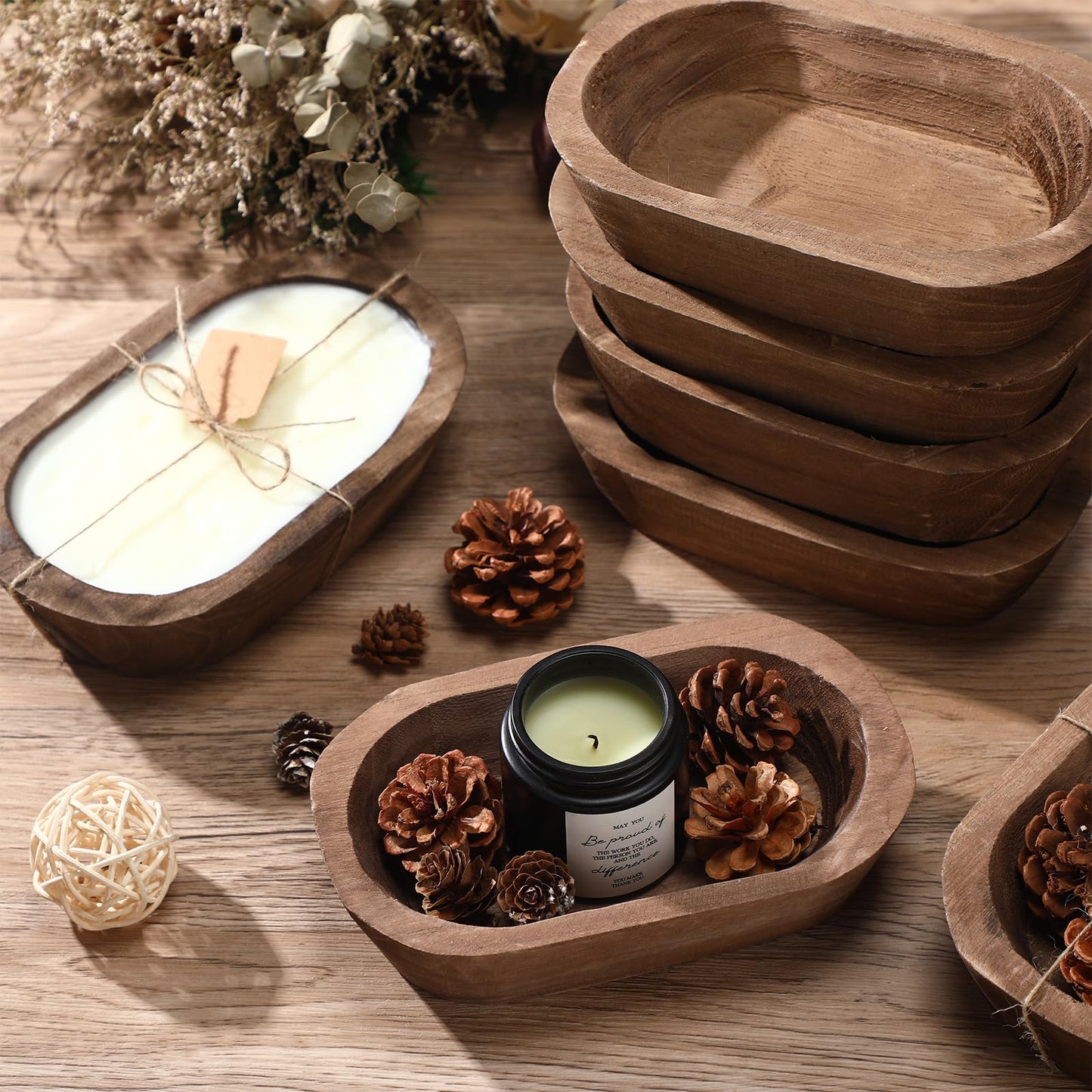 Tioncy 12 Pcs Wooden Dough Bowls Rustic Decorative Wood Dough Bowls Bulk for Decor with Card, Hand Carved Paulownia Wood, for Home Decor Candle Wedding Gifts Crafts Farmhouse Tray(Oval)