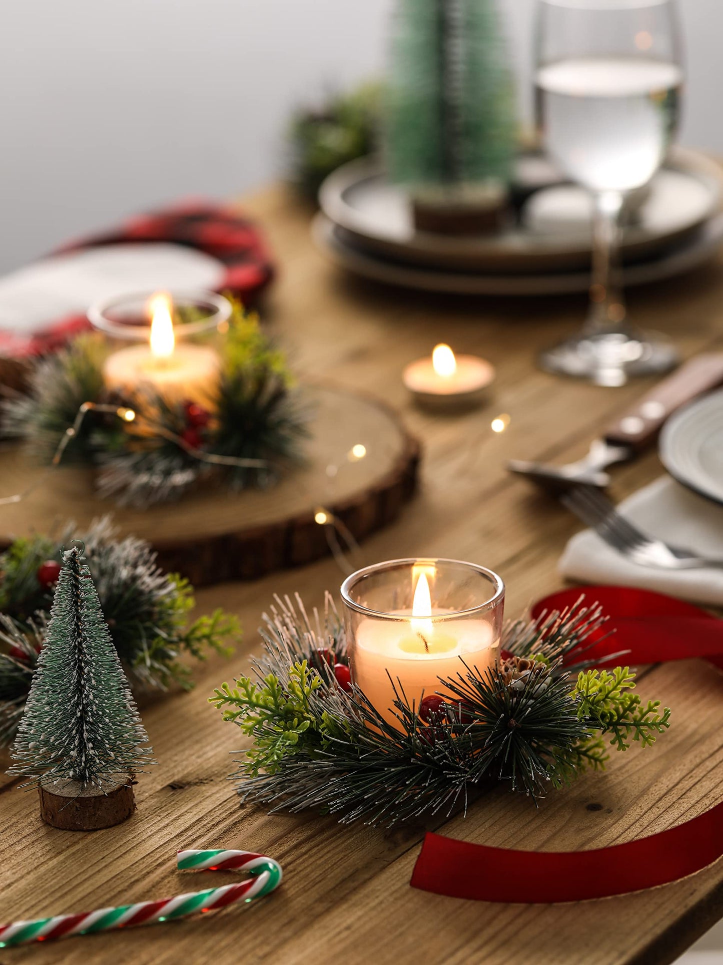 Christmas Candle Ring, 4 Pcs Votive Candle with Red Berry Pinecone, Xmas Ring Candle for Table Centerpiece Decoration Wedding Holiday,Clear